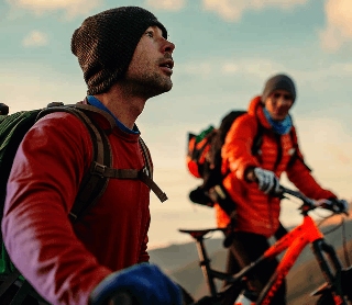 Grupo de ciclistas de montanha a observar a paisagem ao pôr do sol.